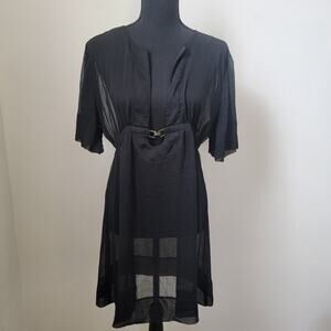 Anne Cole Collection Black Mesh V-neck Short Sleeve Dress Sz Large Buckle Resort